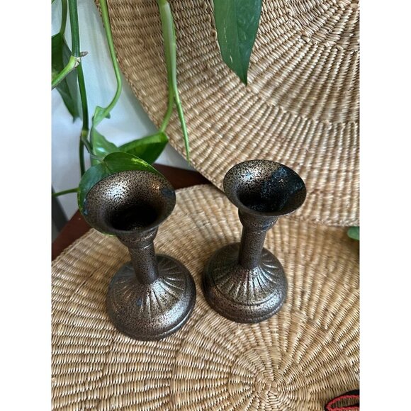 Vintage Speckled Bronze Taper Candle Holders – Pair - Picture 2 of 9
